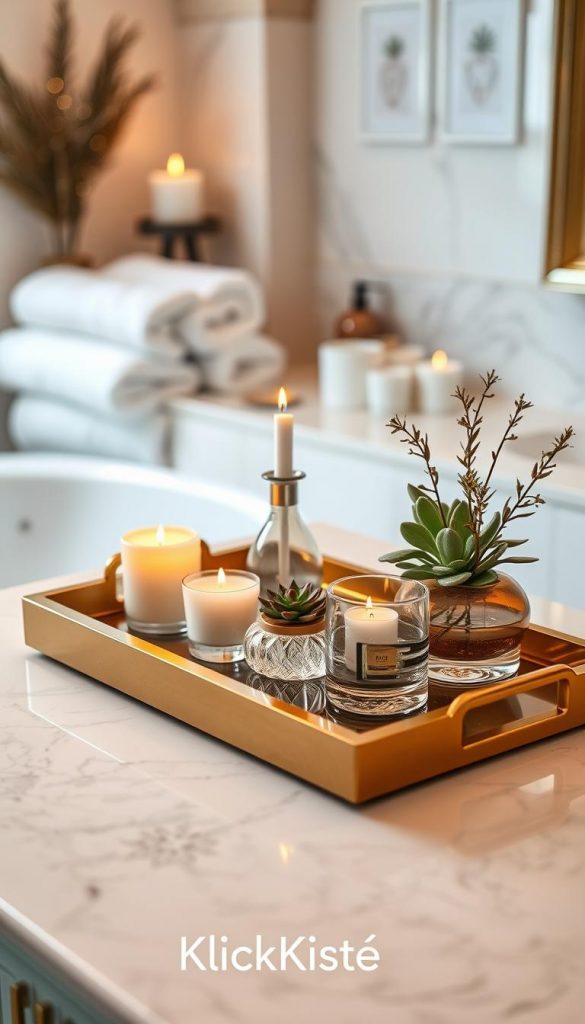A luxurious rectangular bathroom tray styled elegantly with high-end decorative items, such as scented candles, succulent plants, and elegant glassware, beautifully arranged to evoke a 5-star hotel ambiance. The tray is positioned on a sleek marble countertop, highlighted by soft, warm lighting that enhances the natural beauty of its materials. In the background, blurred softly, are hints of plush towels and decorative accents, contributing to a serene and inviting atmosphere. The image captures a cozy winter vibe, showcasing the tray in an authentic Pinterest-inspired setting. Use a shallow depth of field to emphasize the tray and its contents while beautifully blurring the background. The brand name "KlickKiste" subtly integrated into the scene, enhancing the overall luxurious feel without being intrusive.