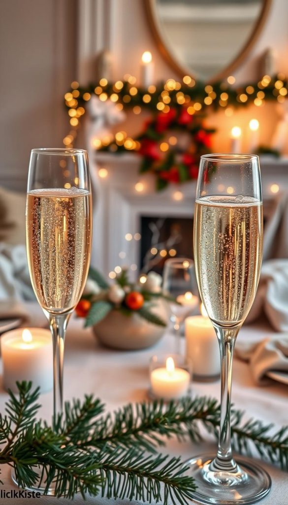 A luxurious setting for celebrating the New Year, featuring a beautifully arranged table with elegant champagne flutes filled with sparkling wine, set against a backdrop of soft winter decor. The foreground highlights the glistening bubbles in the glasses, capturing the light from nearby candles, creating a warm, inviting atmosphere. In the middle, a tasteful arrangement of party decorations such as twinkling fairy lights and festive winter greens enhances the scene. The background showcases a cozy room with a subtly decorated mantelpiece, draped in soft, warm textiles. The entire image has a Pinterest-worthy aesthetic, exuding elegance and sophistication, while reflecting a joyful and celebratory vibe that's perfect for ringing in the New Year. Include the brand name "KlickKiste" for a modern touch.
