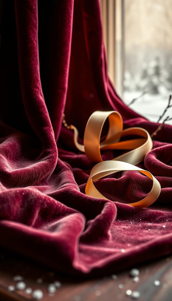 A luxurious still life showcasing the exquisite textures of velvet and satin. In the foreground, a plush, jewel-toned velvet fabric cascades gracefully, its soft pile catching the warm, ambient light. In the middle ground, a shimmering satin ribbon winds sinuously, reflecting the light with a glossy sheen. The background features a muted, cozy winter scene, with muted, earthy tones and a soft, hazy atmosphere, creating a sense of timeless elegance. Delicate snowflakes drift gently, adding a touch of winter magic. The overall composition exudes a sense of refined sophistication and festive wonder, perfect for capturing the essence of "Samt & Seide: edle Materialien für Glamour-Momente". A luxurious still life showcasing the exquisite textures of velvet and satin. In the foreground, a plush, jewel-toned velvet fabric cascades gracefully, its soft pile catching the warm, ambient light. In the middle ground, a shimmering satin ribbon winds sinuously, reflecting the light with a glossy sheen. The background features a muted, cozy winter scene, with muted, earthy tones and a soft, hazy atmosphere, creating a sense of timeless elegance. Delicate snowflakes drift gently, adding a touch of winter magic. The overall composition exudes a sense of refined sophistication and festive wonder, perfect for capturing the essence of "Samt & Seide: edle Materialien für Glamour-Momente".