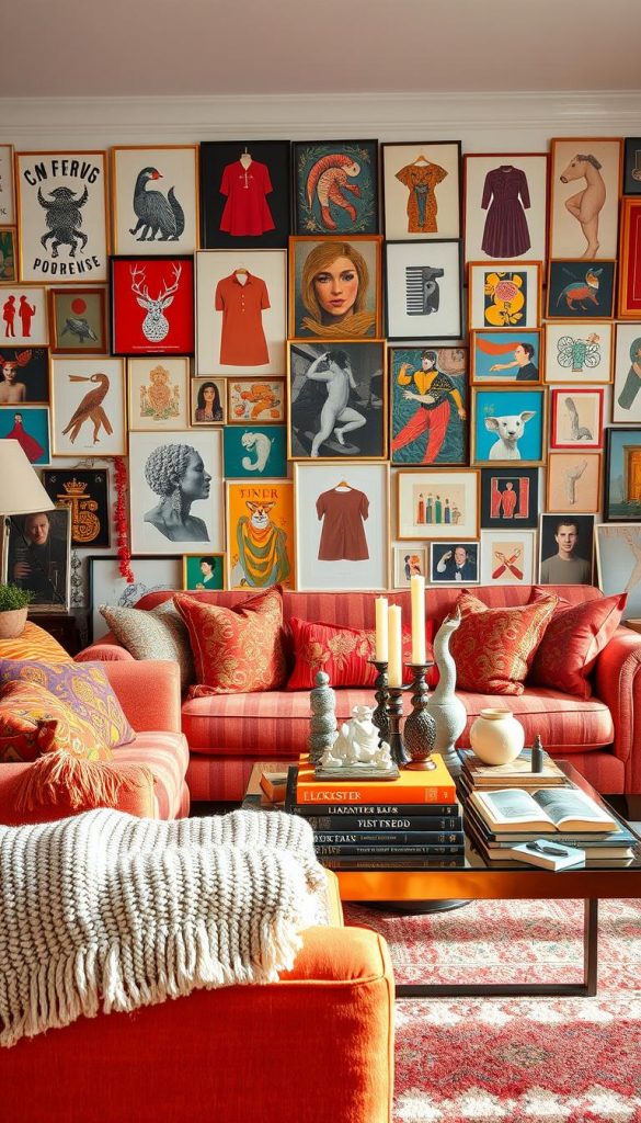 A maximalist living room scene rich in color and detail, capturing the essence of harmonious chaos. The foreground features an inviting, plush sofa adorned with vibrant, patterned cushions and a textured throw. In the middle, a coffee table is set with eclectic decor items, including unique sculptures, candles, and an artful stack of books. The backdrop showcases an array of mismatched artworks on the walls, a mix of bold prints and framed photographs, contributing to a lively atmosphere. Warm, natural lighting floods the space, enhancing the cozy winter vibe. The room should evoke an inspiring Pinterest aesthetic with natural DIY elements, emphasizing creativity and warmth. Brand style from KlickKiste should be subtly present, reinforcing the artistic intention. The image captures a harmonious yet dynamic overall composition, perfect for illustrating the principles of maximalism.