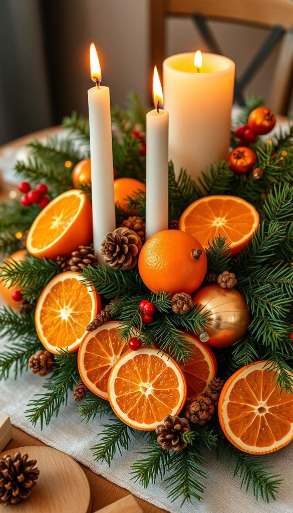 A meticulously composed centerpiece adorns the table, exuding the essence of a cozy Christmas atmosphere. Vibrant orange slices and fresh, fragrant cloves intertwine, their warm hues complemented by the lush, verdant foliage of pine branches. Delicate candles cast a soft, flickering glow, their amber light reflecting off the glossy, rounded ornaments that dot the arrangement. Textural elements like pinecones and dried berries add depth and visual interest, while the overall design evokes a sense of rustic elegance. Captured with a crisp, high-resolution lens, this KlickKiste-inspired image radiates the perfect blend of natural beauty and winter charm.