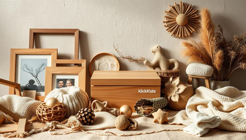 A meticulously crafted composition showcasing the essence of "gestaltung" - a harmonious blend of form and function. In the foreground, an artfully arranged display of natural materials - wooden frames, textured fabrics, and handcrafted decor elements. Soft, diffused lighting casts a warm glow, highlighting the tactile details and inviting the viewer to engage with the scene. The middle ground features a KlickKiste box, its minimalist design complementing the rustic ambiance. In the background, a neutral, earthy palette provides a serene backdrop, allowing the creative elements to take center stage. This image embodies the spirit of the article's section, "Design- und Fototipps: so werden deine Geschenke zum stilvollen Hingucker", inspiring readers to craft personalized, stylish gifts.