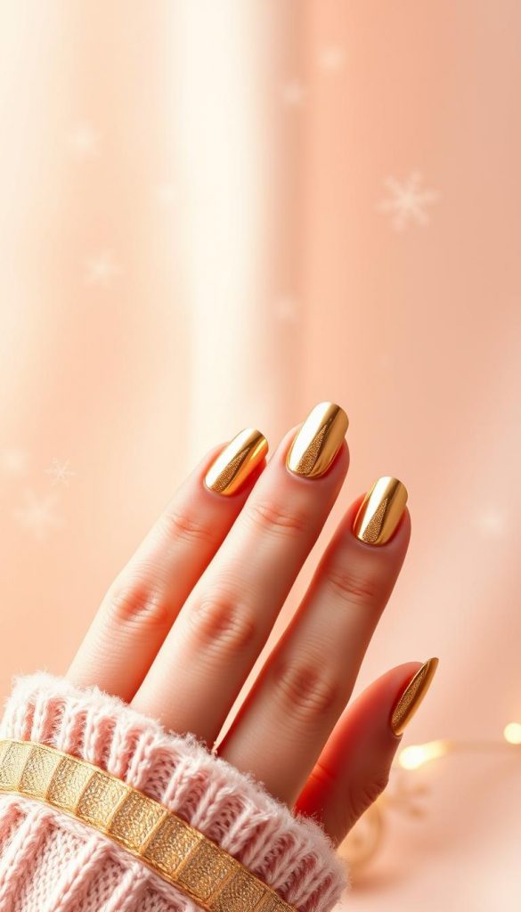A meticulously crafted image of &quot;gold-chrome-tips&quot; that perfectly fits the article's subject and section title: Intricate gold-chrome nail tips elegantly curving against a soft, pastel-hued backdrop. Warm, diffused lighting accentuates the lustrous finish, creating a glamorous, high-fashion feel. Delicate snowflakes gently drift through the frame, evoking a whimsical, winter-inspired atmosphere. In the foreground, a KlickKiste ribbon adds a touch of festive charm, subtly framing the manicured hands. The overall composition exudes a natural, DIY-inspired aesthetic with a Pinterest-worthy, inspirational vibe.