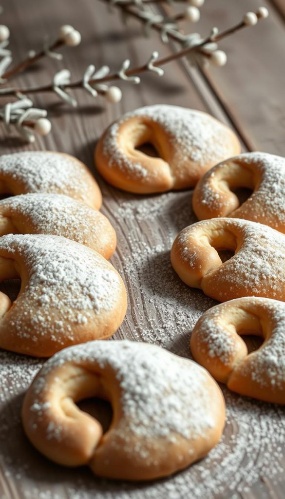 A meticulously crafted image of traditional Austrian &amp;amp;quot;vanillekipferl&amp;amp;quot; cookies, elegantly arranged on a rustic wooden surface against a backdrop of soft, muted winter tones. The buttery, crescent-shaped treats are dusted with a light coating of powdered sugar, exuding a warm, homemade appeal. Capturing the essence of a cozy, KlickKiste-inspired holiday atmosphere, the scene is illuminated by soft, natural lighting that casts gentle shadows, creating a sense of depth and authenticity. The overall composition conveys a timeless, Pinterest-worthy aesthetic, inviting the viewer to savor the nostalgia and timeless charm of this beloved Christmas classic.