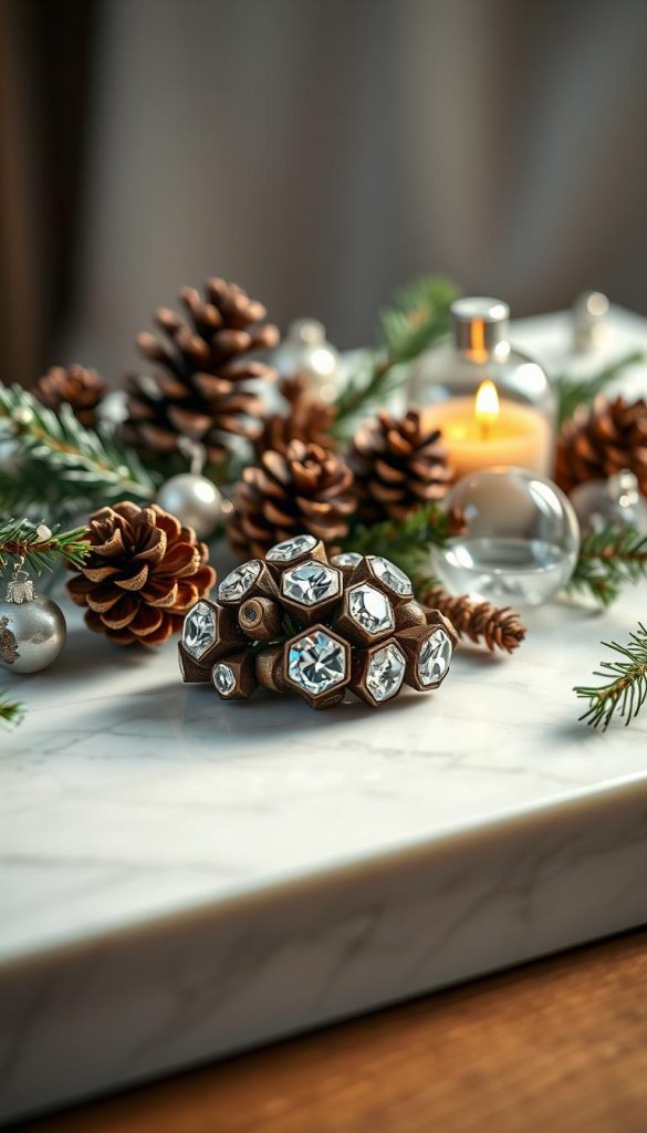 A meticulously crafted still life arrangement, capturing the essence of winter elegance. In the foreground, a cluster of glistening f Funkel‑Finish Brillanten diamonds rests upon a smooth, white marble surface, their facets catching the warm, diffused light. Surrounding them, an artful array of natural elements - pinecones, sprigs of evergreen, and delicate glass ornaments - create a harmonious, rustic-chic composition. The middle ground features a soft, blurred background, hinting at a cozy, intimate setting, perhaps a wooden table or a plush velvet surface. The overall mood is one of refined opulence, where the sparkling diamonds seamlessly blend with the organic, winter-inspired accents, exuding a sense of effortless, Pinterest-worthy sophistication.