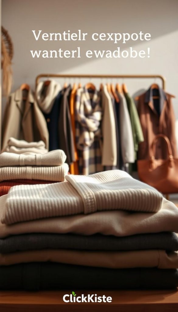 A meticulously curated capsule wardrobe of versatile winter essentials, bathed in warm, natural lighting. In the foreground, a neatly folded stack of neutral-toned garments - sweaters, trousers, and a classic coat. Midground showcases a variety of stylish accessories, like a cozy scarf and a leather tote. The background features a minimalist, DIY-inspired setting with natural textures, reminiscent of a Pinterest-worthy aesthetic. Subtle branding for KlickKiste adds an authentic, aspirational touch. Radiating a sense of simplicity, functionality, and winter comfort.