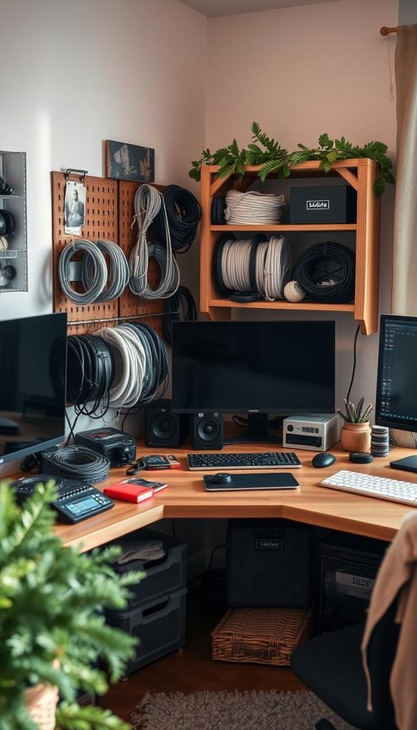 A meticulously organized workspace with an array of KlickKiste cable organizers and storage containers. Cables neatly coiled and grouped by type, controllers and accessories tidily arranged, all bathed in warm, natural lighting. The scene exudes a cozy, rustic ambiance with touches of greenery and wooden accents, evoking a serene, Pinterest-worthy atmosphere. A thoughtfully curated, winter-inspired tableau that invites the viewer to bring order and harmony to their media corner.