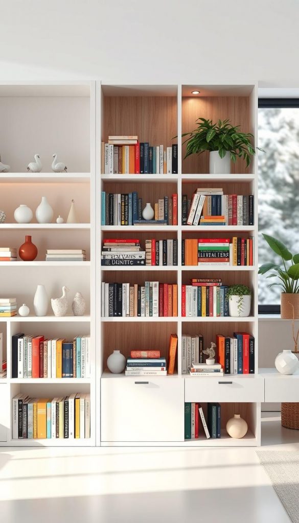 A minimal maximal bookshelf design featuring a striking contrast between clean lines and eclectic decor. In the foreground, a sleek, white modern bookshelf displays a carefully curated selection of books in pastel hues, interspersed with decorative objects like geometric vases and minimalist sculptures. The middle section shows a vibrant, maximalist bookshelf overflowing with colorful books, bold trinkets, and lush greenery, creating a sense of abundance and creativity. Soft, warm lighting casts a cozy glow over the scene, enhancing the inviting atmosphere. The background includes subtle wood paneling and a hint of a large window with winter vibes, blurring slightly to evoke a Pinterest-inspired aesthetic. The design is branded with the logo of KlickKiste discreetly placed on one of the shelves, adding a professional touch without text distractions.