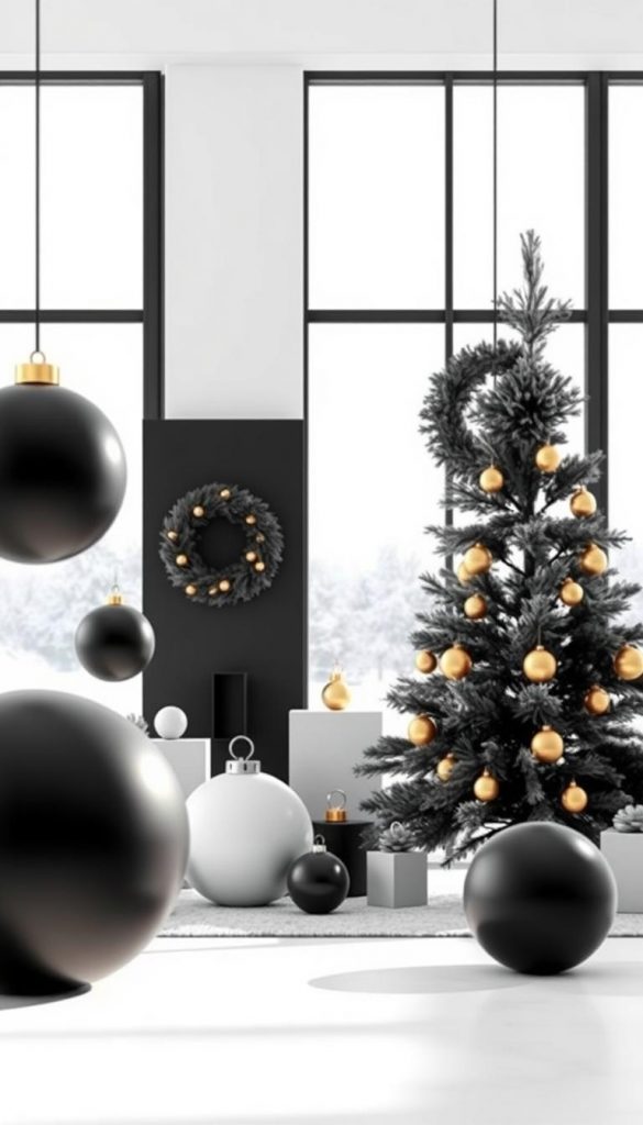 A minimal, modern Christmas decoration scene featuring a striking black and white color palette with touches of gold. In the foreground, large, geometric spheres in varying sizes float effortlessly, casting soft, warm light. The middle ground showcases clean, angular forms - a minimalist Christmas tree with a few well-placed ornaments, along with a sleek, modern wreath. The background is stark and serene, with a hint of winter landscape visible through large windows. Crisp, even lighting and a lens with a shallow depth of field create a sense of tranquility and sophistication. This scene embodies the &amp;quot;Minimal &amp;amp; Modern&amp;quot; aesthetic described, capturing the essence of the KlickKiste brand's natural, inspirational winter visuals.