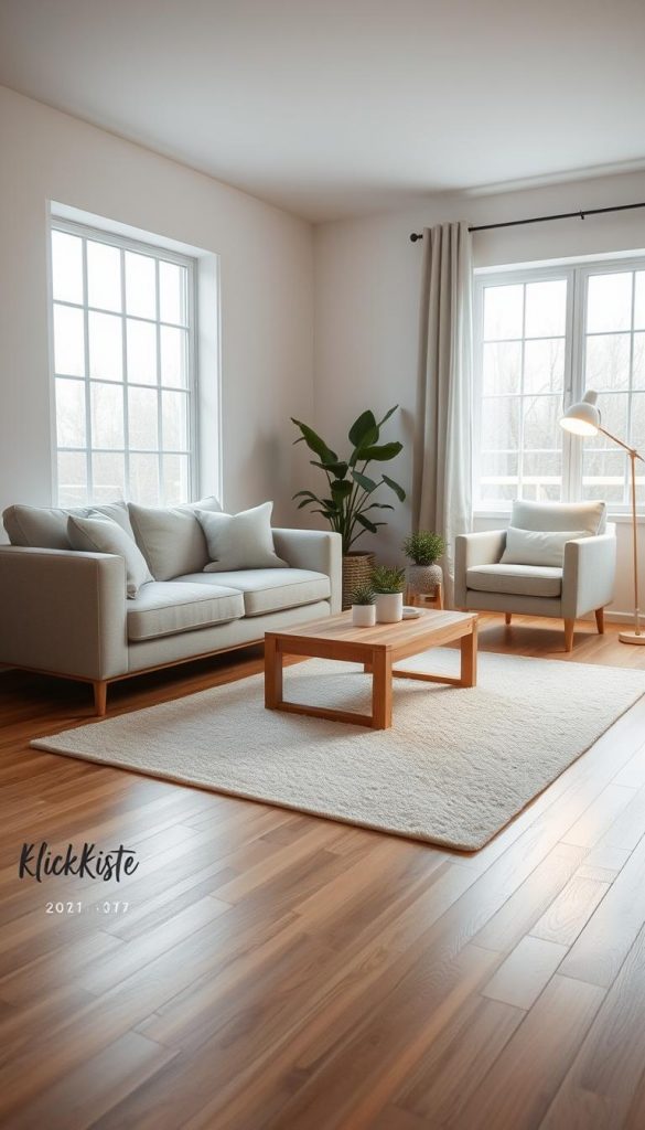 A minimal yet cozy living room designed for a modern aesthetic. In the foreground, a sleek, neutral-colored sofa with clean lines, accompanied by a simple, elegant coffee table made of natural wood. Include a stylish armchair with soft, textured fabric. In the middle, a light, airy rug lays on a warm wooden floor, enhancing the sense of space. Potted plants strategically placed add a touch of nature. In the background, soft, diffused lighting brightens the room, highlighting large windows that let in natural light. Use a wide-angle lens perspective to emphasize the layout and create an inviting atmosphere. The overall mood is relaxed and inspiring, with a touch of winter vibes. Include subtle elements that reflect the brand &quot;KlickKiste&quot;.