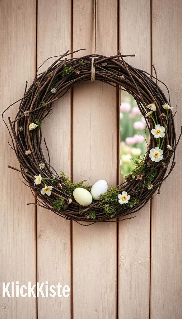A minimalist Easter wreath (Oster Türkranz) crafted from natural materials like twigs, moss, and dried flowers, elegantly placed on a rustic wooden door. In the foreground, the wreath features delicate pastel-colored eggs nestled among the greenery, symbolizing springtime renewal. The middle ground highlights soft, diffused lighting that casts gentle shadows, enhancing the texture of the materials. The background fades into a blurred garden scene, with hints of blooming flowers and greenery, evoking a cozy, inviting atmosphere. The overall color palette consists of warm earth tones and soft pastels, creating a harmonious winter vibe. Capture this image in a warm, inviting style reminiscent of Pinterest aesthetics, with an authentic and inspiring feel. Include brand name "KlickKiste" subtly integrated into the design without text or logos.