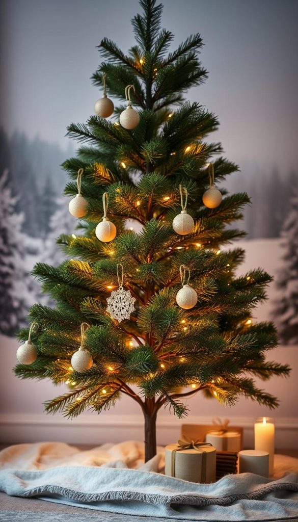 A minimalist Scandinavian-inspired Christmas tree stands tall in a cozy, natural setting. Soft, warm lighting illuminates the scene, casting a gentle glow on the simple, handmade ornaments adorning the lush, verdant branches. The background features a snowy, winter landscape with a muted, pastel color palette, evoking a serene, calming atmosphere. The overall mood is one of understated elegance, inviting the viewer to experience a sense of hygge and rustic charm. A Pinterest-worthy, DIY-inspired winter scene that captures the essence of modern, minimalist Christmas decor. A minimalist Scandinavian-inspired Christmas tree stands tall in a cozy, natural setting. Soft, warm lighting illuminates the scene, casting a gentle glow on the simple, handmade ornaments adorning the lush, verdant branches. The background features a snowy, winter landscape with a muted, pastel color palette, evoking a serene, calming atmosphere. The overall mood is one of understated elegance, inviting the viewer to experience a sense of hygge and rustic charm. A Pinterest-worthy, DIY-inspired winter scene that captures the essence of modern, minimalist Christmas decor.