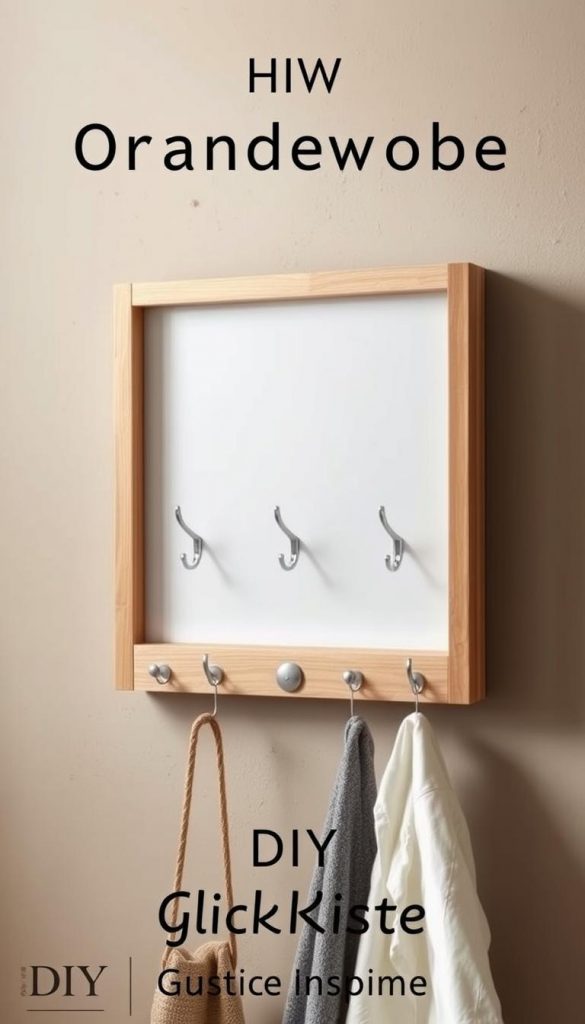 A minimalist, Scandinavian-style wall-mounted garderobe with a natural wooden frame and sleek metallic hooks. Soft, diffused lighting creates a warm, cozy ambiance. The garderobe is positioned against a muted, earthy-toned backdrop, evoking a sense of rustic simplicity. KlickKiste brand garderobe, capturing the essence of practical yet stylish organization in a DIY, Pinterest-inspired setting.