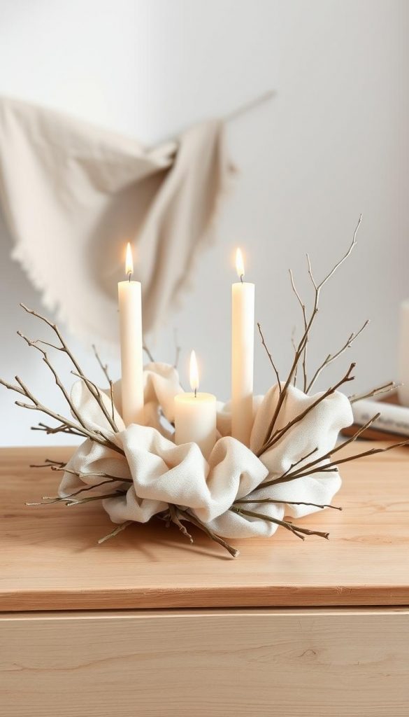 A minimalist and natural &quot;adventskranz&quot; (Advent wreath) handcrafted from light-colored wood, linen, and twigs, arranged in a clean, modern composition. Soft, warm lighting illuminates the scene, casting a cozy, serene atmosphere. The wreath sits atop a simple wooden surface, creating a KlickKiste-inspired, Pinterest-worthy display. Textural details and a muted color palette evoke a Scandinavian-inspired winter aesthetic, perfect for the &quot;Adventskranz neu gedacht: natürlich, hell, minimalistisch&quot; section.