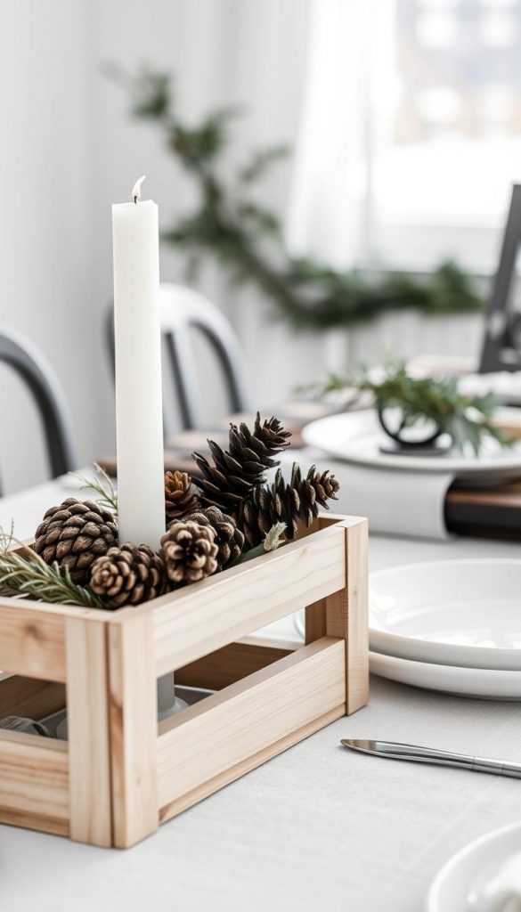 A minimalist and photo-ready Scandinavian black-and-white tabletop decor scene. In the foreground, a simple wooden KlickKiste crate holds a cluster of clean, natural elements like pinecones, dried leaves, and a single taper candle. The middle ground features a linen tablecloth, crisp white plates, and a sprig of greenery. The background is softly blurred, evoking a peaceful winter ambiance with natural light filtering in. The overall mood is one of calm, understated elegance - an authentic, Pinterest-worthy &quot;Scandi&quot; aesthetic.