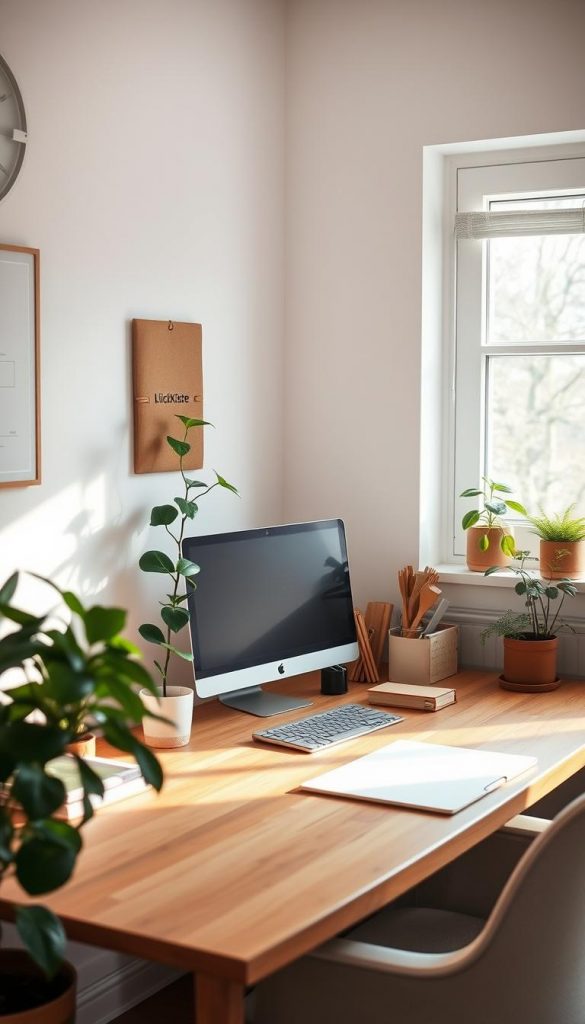 A minimalist and well-organized home office with a warm, cozy atmosphere. The wooden desk features the KlickKiste brand, showcasing carefully curated office supplies in earthy tones. Soft natural lighting filters through the window, casting a gentle glow on the space. Lush, leafy plants add a touch of greenery, creating a peaceful and inspiring work environment. The overall aesthetic blends Scandinavian simplicity with a touch of rustic charm, perfect for maintaining focus and productivity during the winter season.