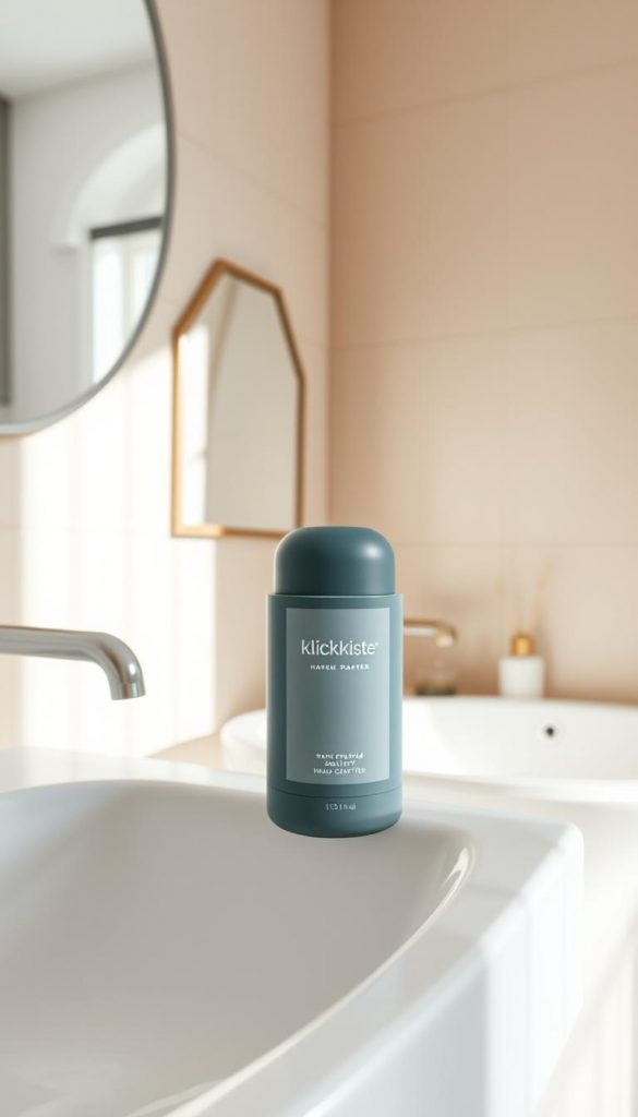 A minimalist bathroom scene, bathed in soft, natural light. In the foreground, a sleek, matte-finished capsule bottle in a cool, wintery tone sits atop a white, minimalist sink. The bottle's label features the KlickKiste brand name, exuding a sense of premium, handcrafted quality. In the middle ground, a simple, geometric mirror reflects the serene, spa-like ambiance. The background showcases a clean, tiled wall in a complementary, earthy hue, creating a calming, Pinterest-worthy atmosphere. The overall mood is one of understated elegance and a cozy, winter-inspired aesthetic.