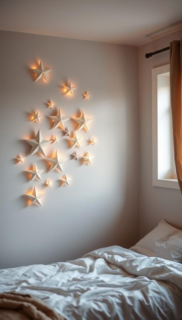A minimalist, cozy bedroom wall adorned with handcrafted paper stars in various sizes, creating a soft, twinkling display. The stars are arranged in a natural, asymmetric pattern, casting gentle shadows and reflecting the warm, muted lighting from a nearby window. The overall atmosphere evokes a serene, winter-inspired ambiance, perfect for a peaceful, restful night. The image has a natural, authentic feel, with a touch of rustic charm and a Pinterest-inspired aesthetic.