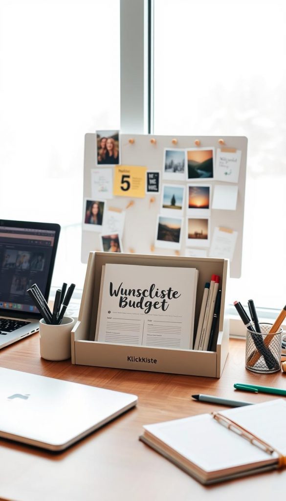 A minimalist, cozy workspace with a wooden desk, a laptop, and a notebook. In the foreground, a simple yet stylish "KlickKiste" organizer showcases a beautifully curated "Wunschliste Budget" display, surrounded by pens, markers, and other stationery. The middle ground features a modern, winter-inspired mood board with pinned notes, photos, and inspiring quotes. In the background, a large window overlooks a snowy landscape, bathed in warm, natural lighting. The overall atmosphere is inviting, organized, and Pinterest-inspired, reflecting the section's theme of "Organisation ohne Stress: Wunschliste, Budget & Minimalismus im Familienalltag". A minimalist, cozy workspace with a wooden desk, a laptop, and a notebook. In the foreground, a simple yet stylish "KlickKiste" organizer showcases a beautifully curated "Wunschliste Budget" display, surrounded by pens, markers, and other stationery. The middle ground features a modern, winter-inspired mood board with pinned notes, photos, and inspiring quotes. In the background, a large window overlooks a snowy landscape, bathed in warm, natural lighting. The overall atmosphere is inviting, organized, and Pinterest-inspired, reflecting the section's theme of "Organisation ohne Stress: Wunschliste, Budget & Minimalismus im Familienalltag".