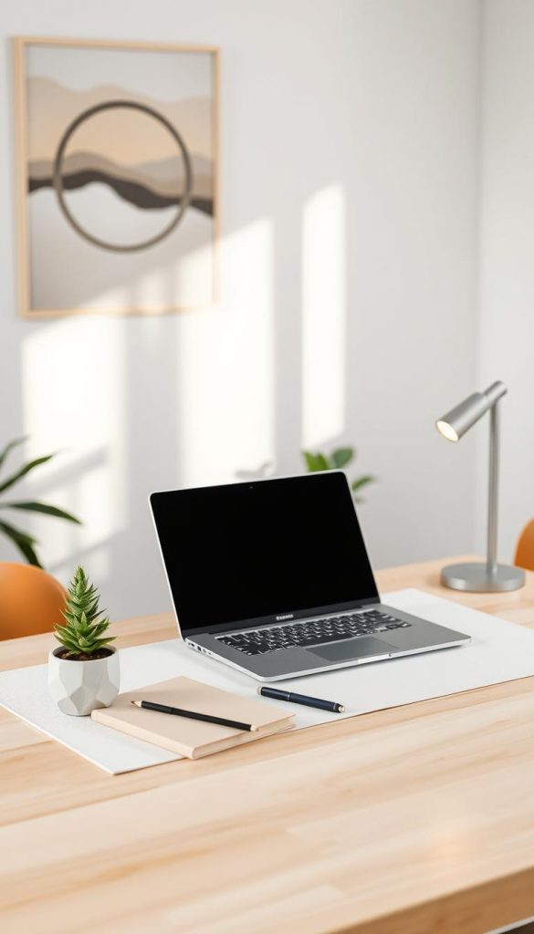 A minimalist desk setup featuring a sleek, Scandinavian-inspired desk made of light wood, adorned with a simple, elegant laptop resting on a clean, white mat. Foreground: a small, potted succulent adds a touch of greenery, alongside a stylish, geometric pen holder. Middle: a soft, neutral-toned notebook sits nearby, accompanied by a slim, modern desk lamp emitting warm light to create a cozy atmosphere. Background: a soft-focus view of an inspiring workspace, featuring a muted, abstract wall art piece that enhances the Zen vibe. The scene is bathed in natural light filtering through a nearby window, casting gentle shadows. The overall feel is warm, inviting, and conducive to productivity. Include the brand name "KlickKiste" in an unobtrusive manner.