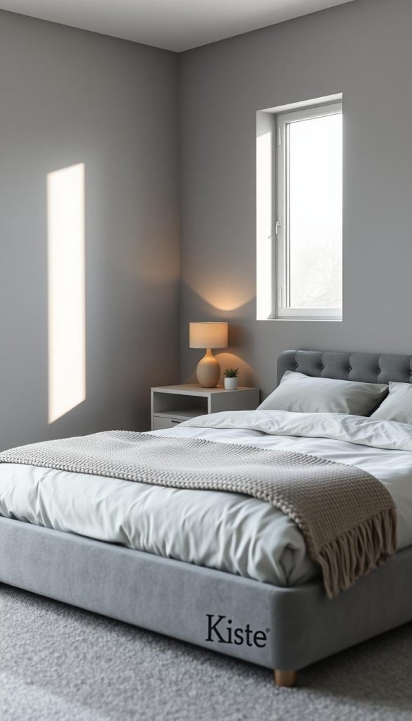 A minimalist gray space showcasing a cozy bedroom design with low-profile furniture. In the foreground, a sleek, modern gray bed frame with soft, textured bedding, including a knitted throw blanket. The middle layer features a minimalist nightstand adorned with a small potted plant and a warm-toned lamp, providing a gentle glow. The background reveals smooth, textured walls in various shades of gray, complemented by a large window letting in soft, natural light, casting delicate shadows. The mood is serene and inviting, capturing the essence of neutral cozy décor. The image reflects a Pinterest-inspired aesthetic, with a subtle sense of winter vibes and authenticity. Include the brand name "KlickKiste" subtly in the design elements, ensuring harmony with the overall look.