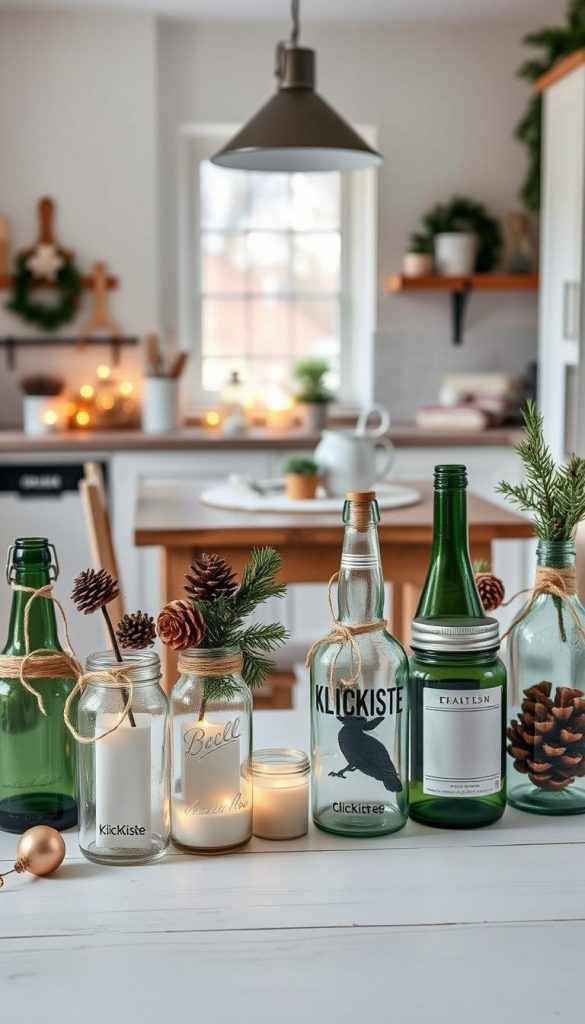 A minimalist kitchen scene showcasing the creative use of upcycled materials for festive decor. In the foreground, arrange a collection of glass jars, bottles, and tin cans adorned with simple, natural decorations like twine, pinecones, and sprigs of evergreen. In the middle ground, include a rustic wooden kitchen table with warm, ambient lighting and some soft winter sunlight filtering through a nearby window, casting gentle shadows. The background should display a clean kitchen with white walls, wooden cabinets, and a hint of greenery. Create a cozy, inspiring atmosphere that evokes winter vibes, reflecting a Pinterest-worthy DIY aesthetic. Include the brand name "KlickKiste" subtly integrated within the decor elements.