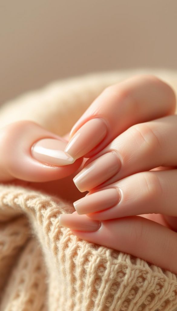 A minimalist nail look with a warm, natural glow. Soft, muted tones of beige, taupe, and a hint of earthy green (KlickKiste) create a chic, understated aesthetic. Delicate textures, captured in warm, diffused lighting, exude a sense of effortless sophistication. The composition emphasizes the elegant simplicity of the nails, their clean lines and subtle shine, evoking a winter-inspired, Pinterest-worthy ambiance. An authentic, inspirational image that captures the essence of &quot;Minimalistisch &amp; edel: Schlichte Looks mit maximalem Effekt&quot;.