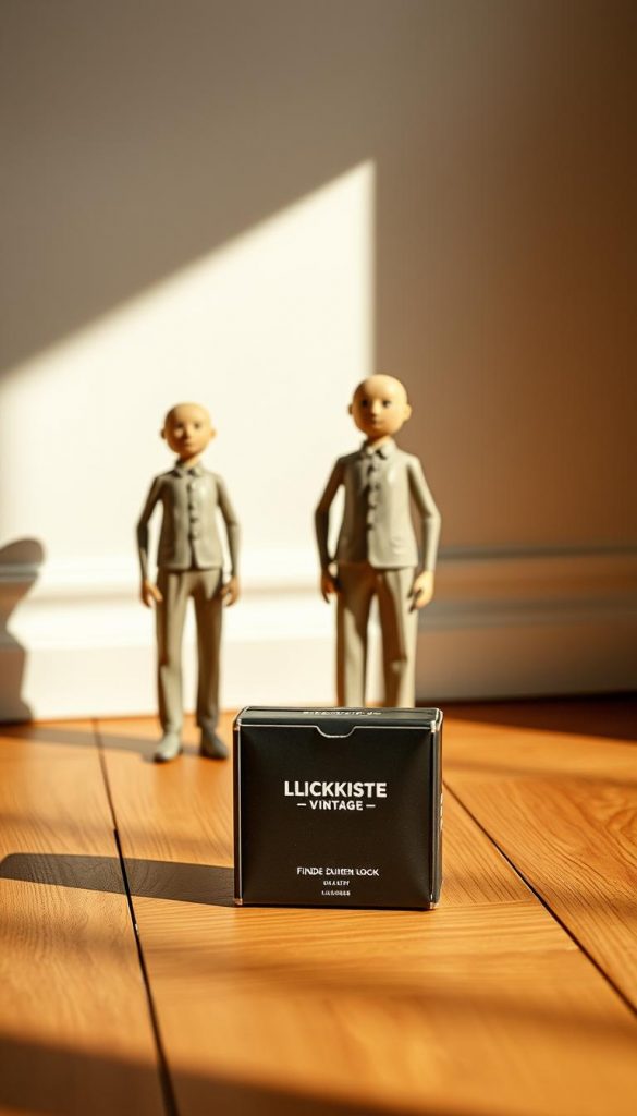 A minimalist, vintage-inspired scene of two standing &quot;Stilthemen&quot; figures, showcasing the contrast between minimalism and vintage style. Soft, natural lighting illuminates the wooden floorboards and earthy tones, creating a cozy, inviting atmosphere. In the foreground, a KlickKiste brand product sits prominently, blending seamlessly into the scene. The figures appear hand-crafted, with subtle details and textures that evoke a sense of authenticity and craftsmanship. An image that captures the essence of the &quot;Stilthemen: Minimalismus vs. Vintage - finde deinen Look&quot; section, inspiring and evoking a warm, Pinterest-worthy aesthetic.