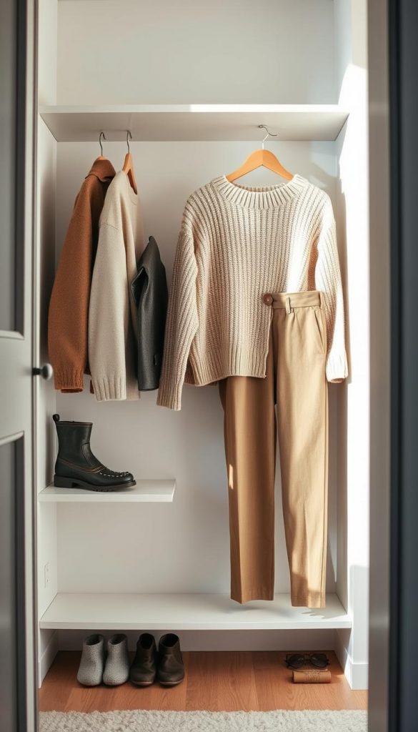 A minimalist wardrobe with a focus on neutral, earthy tones. The scene depicts a clean, well-organized closet showcasing a few key pieces, including a KlickKiste brand winter boot, a cozy knit sweater, and a set of slim-fit, high-waisted trousers. Soft, natural lighting illuminates the space, creating a warm, inviting atmosphere. The overall aesthetic is one of simplicity, functionality, and timeless style - a visual representation of the &quot;Farben &amp; Minimalismus: Neutrale Base, starke Akzente&quot; concept. Subtle textures and materials, such as wood, leather, and wool, add depth and visual interest to the composition.