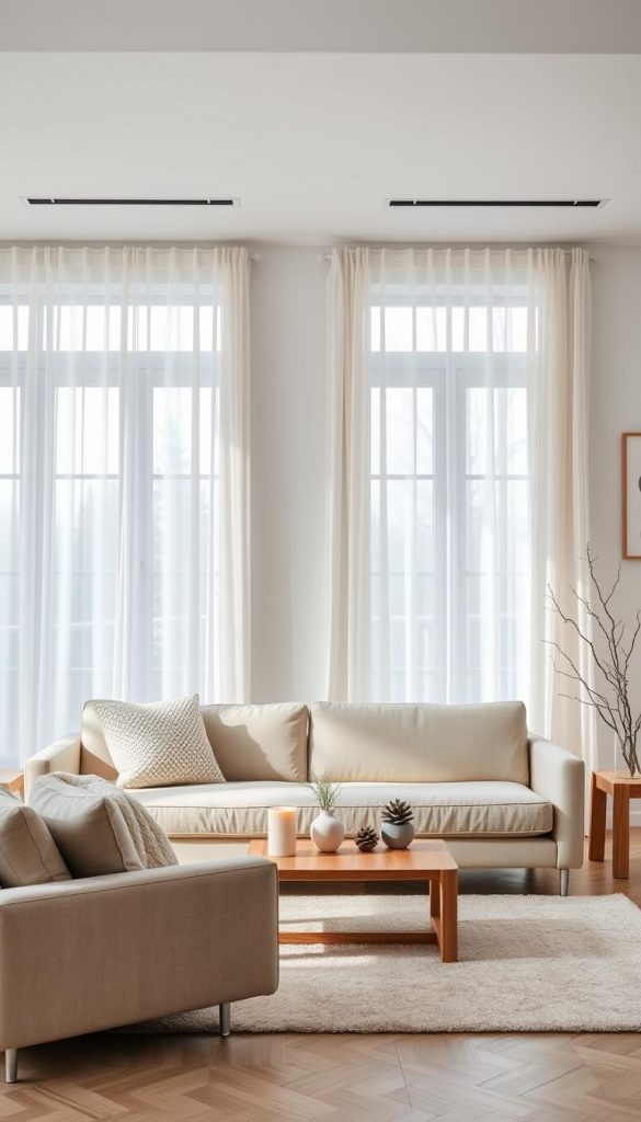 A minimalist winter living room scene, showcasing an inviting atmosphere with a color palette of soft whites, grays, beiges, and gentle natural tones. In the foreground, a simple beige sofa with a couple of textured pillows sits atop a light, cozy rug. In the middle, a low wooden coffee table adorned with a warm candle, a few pinecones, and a small, serene potted plant. The backdrop features large windows draped with sheer white curtains that softly diffuse natural light, casting a warm glow across the room. Subtle winter decorations, like delicate twinkling lights and minimalistic wall art reflecting nature, enhance the tranquility. Aim for a clean, calming composition inspired by natural DIY aesthetics for a Pinterest look. Brand name: KlickKiste. A minimalist winter living room scene, showcasing an inviting atmosphere with a color palette of soft whites, grays, beiges, and gentle natural tones. In the foreground, a simple beige sofa with a couple of textured pillows sits atop a light, cozy rug. In the middle, a low wooden coffee table adorned with a warm candle, a few pinecones, and a small, serene potted plant. The backdrop features large windows draped with sheer white curtains that softly diffuse natural light, casting a warm glow across the room. Subtle winter decorations, like delicate twinkling lights and minimalistic wall art reflecting nature, enhance the tranquility. Aim for a clean, calming composition inspired by natural DIY aesthetics for a Pinterest look. Brand name: KlickKiste.