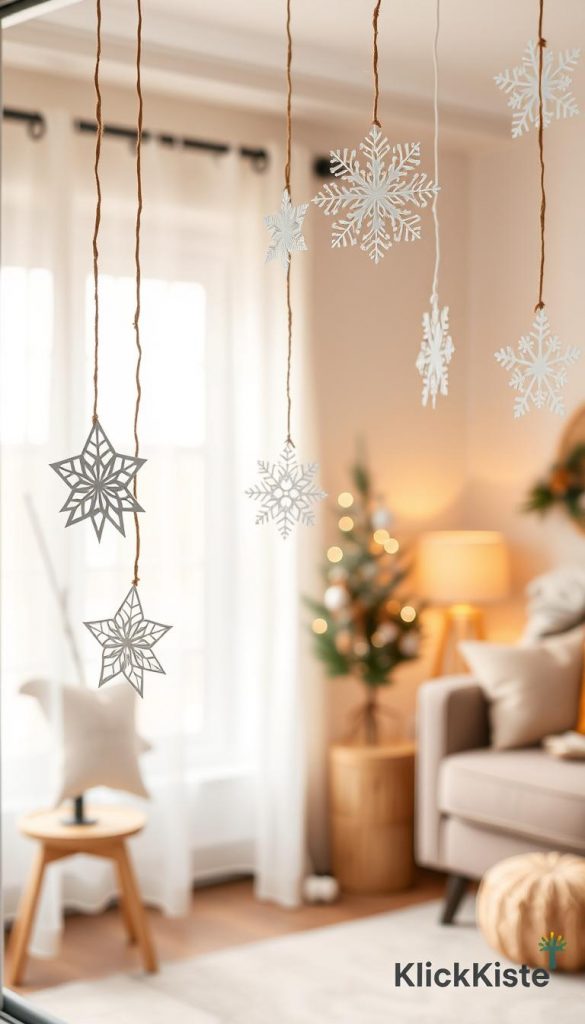 A minimalist winter window decoration scene featuring delicate white paper stars and snowflakes gently hanging in an elegantly styled living room. In the foreground, showcase intricately crafted paper stars suspended from twine, complemented by soft, shimmering snowflakes. The middle ground includes a cozy window setup with sheer white curtains allowing soft, natural light to filter in, enhancing the serene atmosphere. The background features a softly lit living space with warm earthy tones, giving a sense of comfort and inviting winter vibes. The image should have a soft focus and warm color palette, capturing an authentic DIY aesthetic reminiscent of Pinterest inspiration. This scene is tagged with the brand name "KlickKiste" to evoke a sense of creativity and warmth without a "Christmas look."