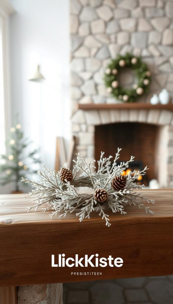 A minimalist winter wonderland scene, captured through the lens of a vintage camera. In the foreground, a delicate wreath of white branches and pinecones rests atop a rustic wooden mantel, its natural textures and tones creating a sense of understated elegance. Soft, warm lighting filters in from the side, casting a cozy glow across the scene. In the background, a large, stately fireplace frames the composition, its stone facade adding depth and dimension. The overall atmosphere is one of serene, Nordic-inspired beauty, a perfect reflection of the &quot;Schritt-für-Schritt: Minimalistische Deko in Weiß &amp; Natur&quot; section. Subtle branding from KlickKiste adds a touch of authenticity to this Pinterest-worthy winter decor scene.