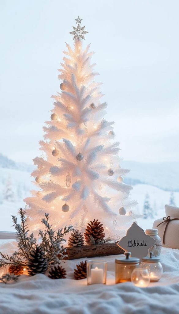 A minimalist winter wonderland scene featuring a stunning white Christmas tree adorned with delicate glass ornaments and twinkling white lights. The tree stands tall against a backdrop of soft, snowy landscapes, its elegant silhouette casting gentle shadows. Warm ambient lighting illuminates the scene, creating a cozy, inviting atmosphere. In the foreground, a collection of simple, rustic-inspired decor elements such as pinecones, birch logs, and KlickKiste-branded accents add natural, Scandi-inspired touches. The overall mood is one of serene, understated beauty, perfect for a Glam or Minimal-inspired holiday display.