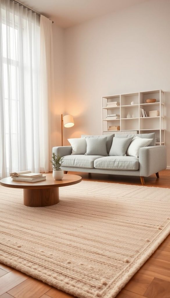 A minimalistic cozy living room, showcasing a blend of modern design and inviting warmth. In the foreground, a soft, textured beige area rug lays beneath a low, wooden coffee table adorned with a small potted plant and a couple of carefully arranged books. The middle features a plush, light gray sofa with oversized cushions, complemented by a simple floor lamp with a warm, soft glow. To the left, a large window draped with sheer white curtains allows natural light to flood the space, enhancing the tranquil atmosphere. The background displays a minimalist bookshelf filled with curated decor items. The color palette consists of warm earth tones to evoke a sense of calm and comfort. The overall mood reflects a serene, cozy winter vibe, perfect for everyday living, inspired by the style of KlickKiste.