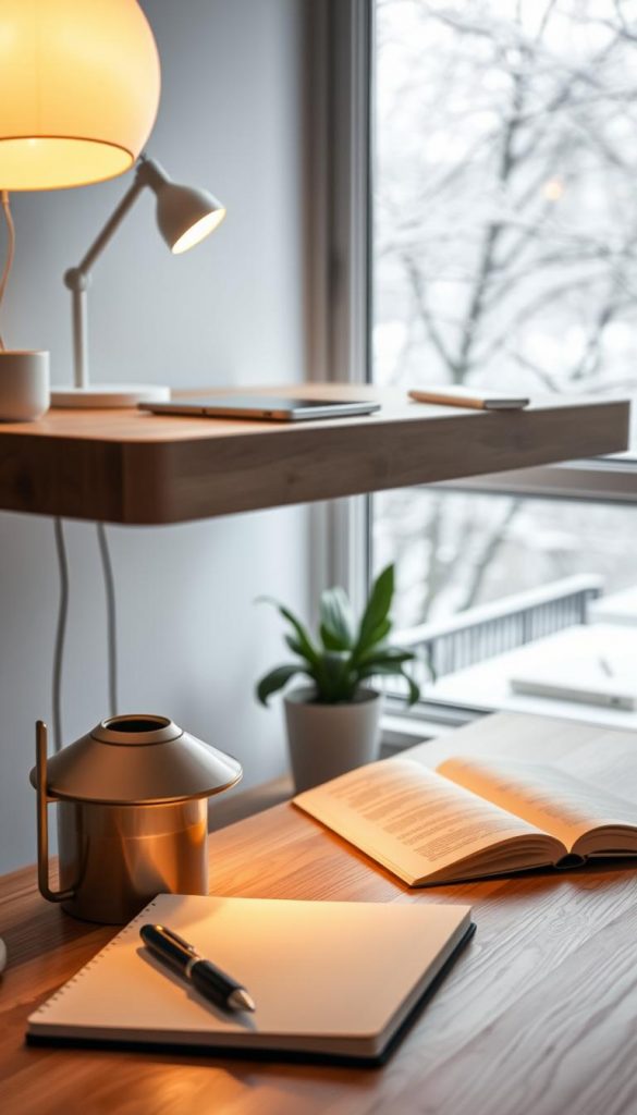 A minimalistic floating desk in a cozy, well-lit home office setting, designed by KlickKiste. The desk features clean lines and a natural wood finish, giving it an organic touch. Hidden cable management enhances its sleek look, preventing clutter. In the foreground, a soft, warm-toned lamp casts gentle light across an open notebook and a stylish pen. In the middle ground, a potted plant adds a splash of greenery. The background includes a window with soft winter light streaming in, illuminating the space with a tranquil ambiance. The overall mood is inspiring and inviting, capturing a Pinterest-worthy aesthetic for a modern DIY workspace. The image should evoke feelings of warmth and creativity, ideal for enhancing productivity.
