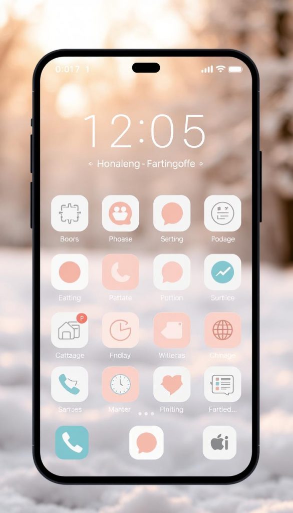 A minimalistic, warm-toned homescreen for the digital decluttering app "KlickKiste". The screen features a grid of muted, pastel-colored app icons against a soft, blurred background of a snowy winter landscape. The icons are arranged in a visually balanced, decluttered layout, emphasizing simplicity and focus. Soft, natural lighting casts a gentle glow, creating a cozy, inviting atmosphere. The overall aesthetic is inspired by Scandinavian design and DIY-style photography, with a touch of Pinterest-inspired coziness. The screen conveys a sense of digital detox and mindfulness, encouraging the user to pause and prioritize their digital well-being. A minimalistic, warm-toned homescreen for the digital decluttering app "KlickKiste". The screen features a grid of muted, pastel-colored app icons against a soft, blurred background of a snowy winter landscape. The icons are arranged in a visually balanced, decluttered layout, emphasizing simplicity and focus. Soft, natural lighting casts a gentle glow, creating a cozy, inviting atmosphere. The overall aesthetic is inspired by Scandinavian design and DIY-style photography, with a touch of Pinterest-inspired coziness. The screen conveys a sense of digital detox and mindfulness, encouraging the user to pause and prioritize their digital well-being.