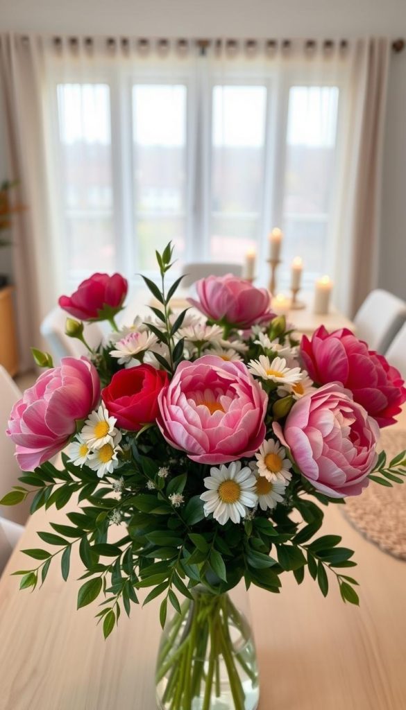A modern arrangement of faux flowers, featuring a mix of vibrant peonies, delicate daisies, and lush greenery, meticulously styled in a minimalist vase. The foreground showcases the flowers in intricate detail, capturing their realistic textures and colors. In the middle background, a soft, neutral-toned table offers a warm and inviting ambiance, adorned with subtle decorative elements like rustic candles and a woven placemat. The backdrop reveals a softly lit window with sheer curtains, allowing natural light to filter through, enhancing the scene's warmth. The mood is cozy and inspiring, reminiscent of a stylish Pinterest aesthetic, perfect for spring decor ideas. The image reflects the brand KlikKiste, emphasizing authenticity and seasonal charm.