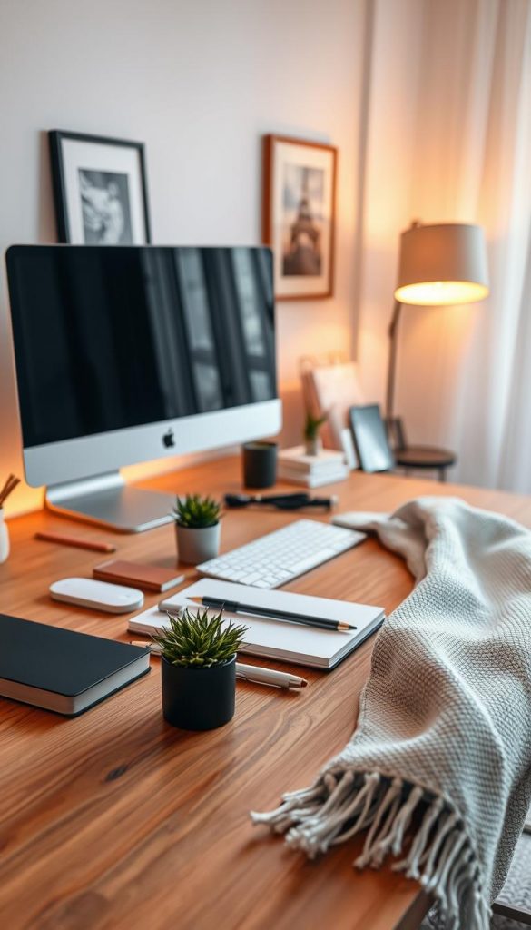 A modern desk setup featuring an elegant blend of warm colors and natural elements, inspired by winter vibes and a Pinterest aesthetic. In the foreground, include a beautiful, minimalist wooden desk adorned with stylish stationery, a small potted plant, and a soft-textured, cozy throw. The middle ground showcases a sleek monitor and a stylish desk lamp emitting warm, inviting light, enhancing the atmosphere of productivity and comfort. In the background, display subtle decorations like photo frames and tasteful art pieces that reflect creativity and inspiration. The overall mood should be uplifting and sophisticated, embodying the essence of "KlickKiste" brand design. Use soft focus and natural lighting, with a slight overhead angle to capture the depth and tranquility of the workspace.