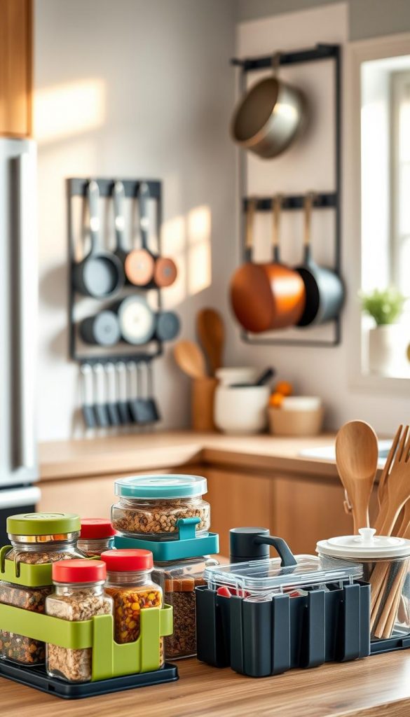 A modern kitchen scene featuring compact storage organizers from KlickKiste, showcasing a mix of stylish stackable containers, clips, and nesting tools. In the foreground, a colorful array of neatly arranged kitchen items, including spice jars, utensils, and food storage solutions, emphasizes functionality and space-saving design. The middle ground includes an elegantly displayed wall-mounted organizer with sleek lines, holding pots and pans. The background reveals a cozy kitchen atmosphere with warm, natural light filtering through a window, accentuating earthy tones and wooden textures. Capture a Pinterest-worthy vibe that inspires creativity and organization in small living spaces, with a focus on minimalism and efficient use of space. The image should evoke warmth and practicality, perfect for a modern urban lifestyle.