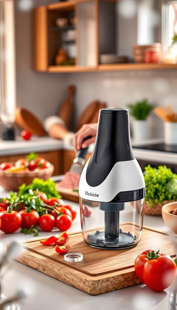 A modern kitchen setting showcasing a sleek, efficient vegetable and meat chopper from the brand "KlickKiste". In the foreground, the chopper is prominently displayed on a wooden cutting board, surrounded by fresh vegetables like tomatoes, bell peppers, and herbs. In the middle, a pair of hands skillfully using the chopper, showcasing its ease of use and speed in food preparation. The background features a cozy kitchen with warm, natural light coming through a window, enhancing the inviting atmosphere. The scene is styled with Pinterest-inspired aesthetics, emphasizing the practicality and modern design of kitchen tools. Soft focus on the edges to draw attention to the chopper while maintaining a warm, winter vibe.