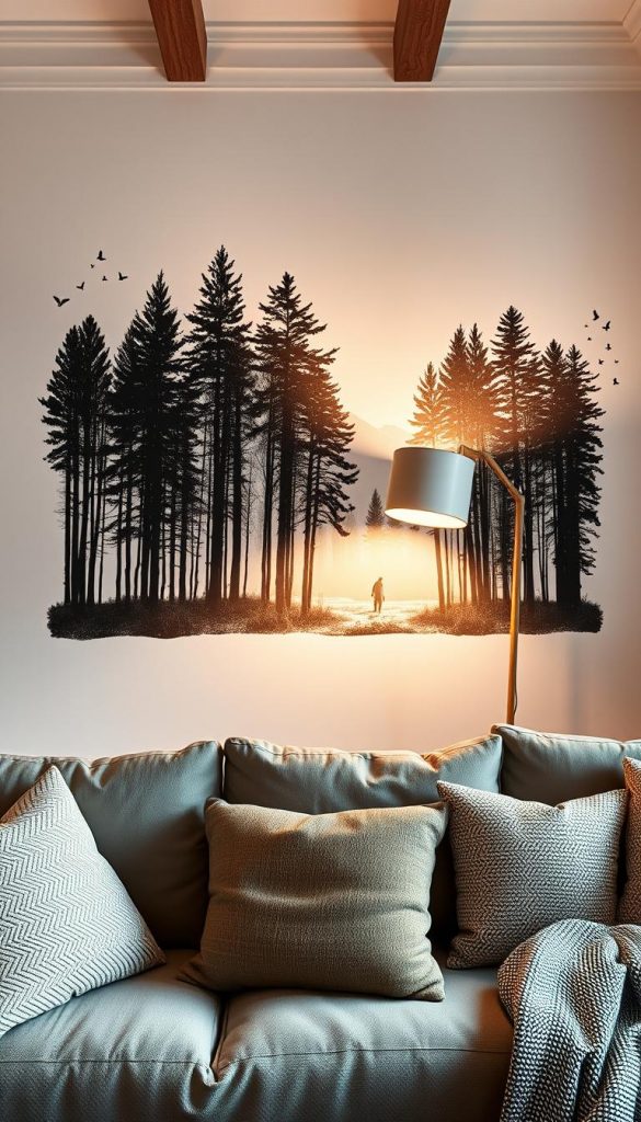 A modern living room featuring a stunning fototapete wall mural and stylish wall tattoos that create a vibrant and inspiring atmosphere. In the foreground, showcase a cozy seating area with a plush sofa adorned with textured cushions. The middle section highlights a striking fototapete of a serene forest scene, complemented by simple yet elegant wall tattoos of abstract shapes and nature elements. The background should show clean, minimalist decor with soft, warm lighting emanating from a floor lamp, casting gentle shadows. Capture a Pinterest-worthy aesthetic with natural wood accents and winter vibes, evoking feelings of comfort and creativity. The image should reflect the brand "KlickKiste" subtly through design elements. Aim for an authentic and inviting mood, perfect for illustrating modern wall decor ideas in a stylish living space.