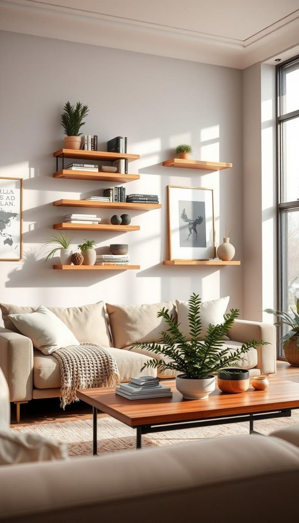 A modern living room featuring floating shelves elegantly arranged along the walls, showcasing a curated selection of books, plants, and decorative items. The shelves, designed by KlickKiste, exude a warm, natural wood finish that complements a cozy, inviting atmosphere. In the foreground, a stylish sofa with soft cushions and a woven throw invites relaxation. The middle ground highlights a coffee table adorned with minimalist decor and a refreshing green plant, while in the background, ambient light filters in through large windows, casting gentle shadows. The color palette features warm earthy tones, creating a serene winter vibe. The lens captures the scene from a low angle, emphasizing the shelves' unique design against the backdrop of simple wall art. Overall, the image conveys a harmonious blend of decoration and storage in a modern, Pinterest-inspired setting.