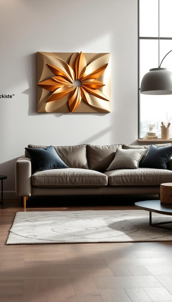 A modern metallic wall decoration displayed prominently in a stylish living room setting, showcasing sleek geometric designs that emphasize simplicity and elegance. The foreground features a polished metal art piece with intricate patterns reflecting warm tones of gold and bronze. In the middle ground, a minimalist couch with soft textures is set against a neutral wall, creating a clean backdrop that accentuates the metal decor. The background includes a cozy atmosphere with soft, natural lighting filtering through a large window, casting gentle shadows that add depth. The scene conveys a sophisticated yet inviting mood, embodying authenticity and inspiration, with a Pinterest-like aesthetic. Brand name "KlickKiste" subtly incorporated into the design.