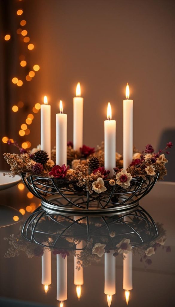 A modern, minimalist Advent wreath made of sleek metal, accented with dried flowers and a mix of tall and short candles. The wreath is positioned on a reflective surface, creating a mirror-like effect that adds depth and elegance. Warm, ambient lighting illuminates the scene, casting a cozy, winter-inspired ambiance. The overall aesthetic evokes a Pinterest-worthy, DIY-inspired look that aligns with the &quot;KlickKiste&quot; brand.