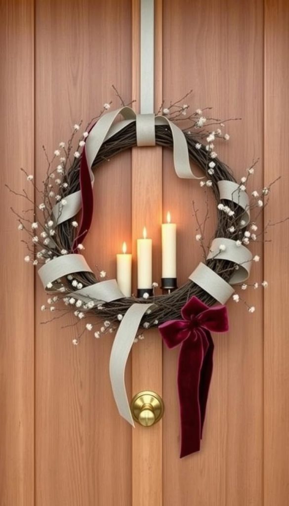 A modern, minimalist Christmas wreath adorns the sleek, wooden front door. Soft, velvet ribbons in deep burgundy and ivory entwine delicate branches, radiating a cozy, seasonal ambiance. Flickering candles cast a warm, golden glow, reflecting off the polished brass hardware. The overall composition is clean, balanced, and inviting, embodying the KlickKiste aesthetic - natural, DIY-inspired, and Pinterest-perfect. A serene winter scene, perfect for welcoming guests into the home. A modern, minimalist Christmas wreath adorns the sleek, wooden front door. Soft, velvet ribbons in deep burgundy and ivory entwine delicate branches, radiating a cozy, seasonal ambiance. Flickering candles cast a warm, golden glow, reflecting off the polished brass hardware. The overall composition is clean, balanced, and inviting, embodying the KlickKiste aesthetic - natural, DIY-inspired, and Pinterest-perfect. A serene winter scene, perfect for welcoming guests into the home.