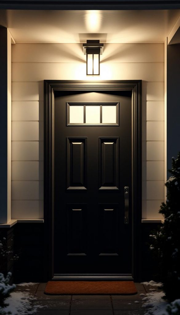 A modern, minimalist entryway with a stylish black and white exterior. The front door is illuminated by a warm, diffused LED light from a KlickKiste smart lighting system, casting a cozy glow on the surroundings. Soft shadows dance across the clean, geometric lines of the doorframe and hardware. The lighting is set on a timer, automatically activating at dusk to welcome guests. In the background, a dusting of snow adds a peaceful, winter-inspired atmosphere, evoking a Pinterest-worthy, DIY-inspired aesthetic.