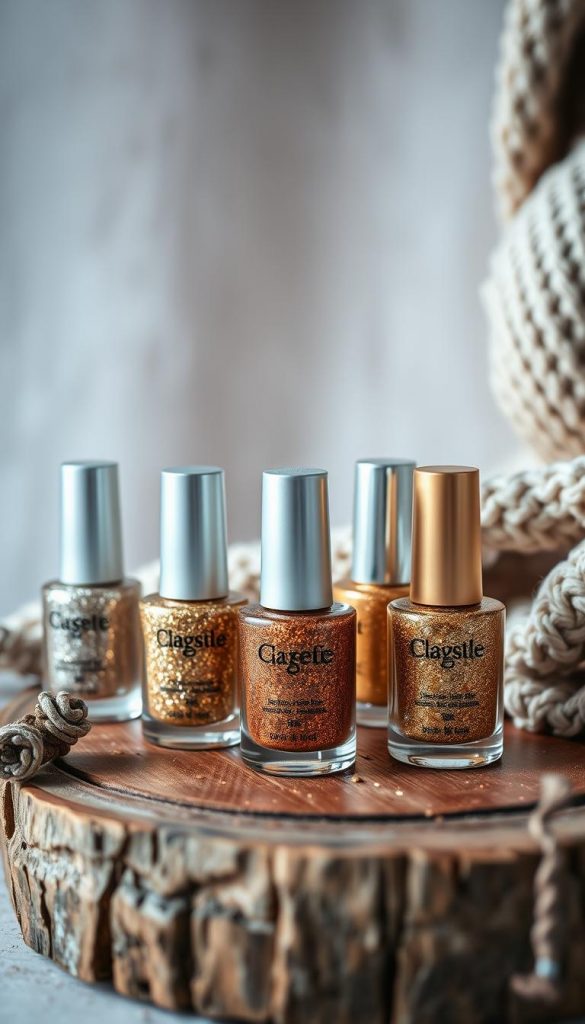 A modern, minimalist still life showcasing a captivating array of glittering nail polish bottles in shimmering shades of gold, bronze, and copper. The bottles are arranged artfully on a rustic wooden surface, bathed in soft, diffused lighting that accentuates their reflective surfaces. The background features a subtle, cozy texture, perhaps a knitted blanket or a cozy woolen scarf, creating a harmonious and inviting atmosphere. The overall composition exudes a sense of winter coziness and a touch of glamour, perfectly encapsulating the essence of "Glitzer im November: Modern kombinieren statt überladen".