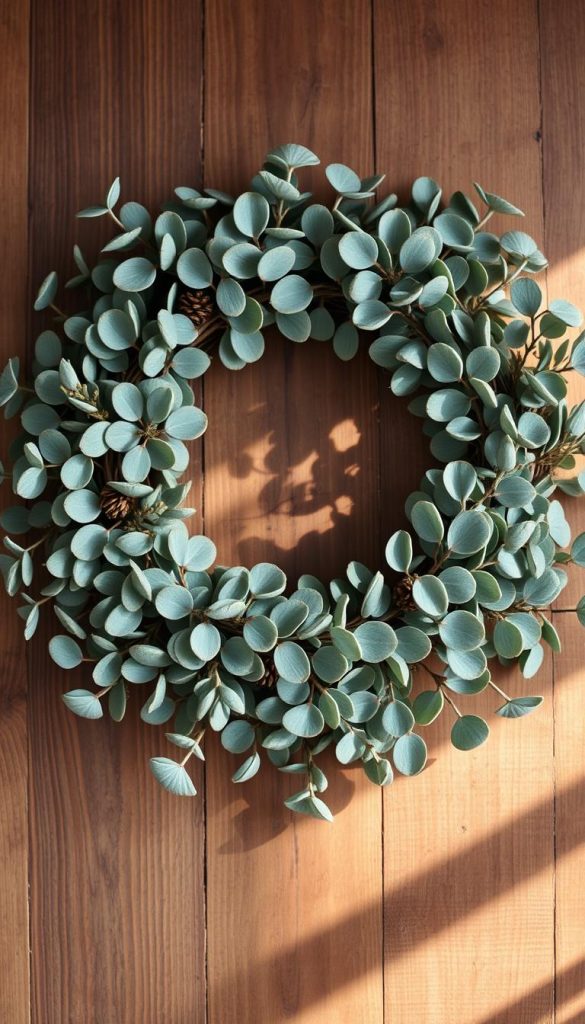 A modern, minimalist wreath of fragrant eucalyptus branches, arranged in a lush, organic composition. Soft winter light filters through the delicate leaves, casting gentle shadows. The wreath sits atop a rustic wooden surface, accentuated by natural textures and tones. Warm, earthy colors predominate, creating a cozy, inviting atmosphere. Subtle accents of dried berries or pine cones add a touch of festive charm. Photographed with a KlickKiste camera, this image embodies the essence of a handcrafted, nature-inspired Christmas wreath. A modern, minimalist wreath of fragrant eucalyptus branches, arranged in a lush, organic composition. Soft winter light filters through the delicate leaves, casting gentle shadows. The wreath sits atop a rustic wooden surface, accentuated by natural textures and tones. Warm, earthy colors predominate, creating a cozy, inviting atmosphere. Subtle accents of dried berries or pine cones add a touch of festive charm. Photographed with a KlickKiste camera, this image embodies the essence of a handcrafted, nature-inspired Christmas wreath.