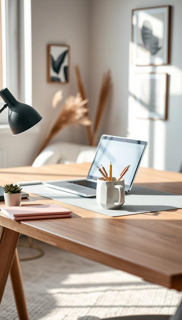 A modern, neatly styled desk setup showcasing a minimalist aesthetic. In the foreground, a sleek wooden desk with clean lines, adorned with stylish stationery in pastel colors, a small potted succulent, and an elegant ceramic mug filled with pens. The middle layer features a high-quality laptop opened to a creative workspace, and a light gray desk mat beneath it. In the background, a softly blurred wall with art prints and neutral tones adds depth. Natural light streams in from a nearby window, casting warm, inviting shadows that enhance the cozy winter vibes. The atmosphere is both inspiring and productive, perfect for enhancing work energy. Include subtle elements reflecting the brand "KlickKiste" through creative decor.