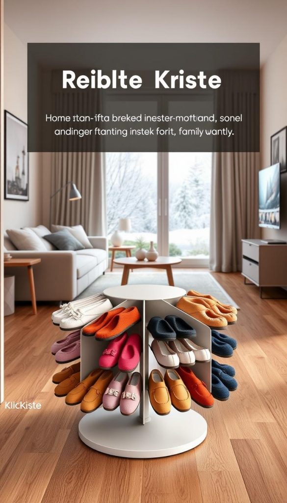 A modern, stylish revolving shoe rack designed for home organization, showcasing a lazy-susan style in warm natural tones. The foreground features the sleek, circular revolving stand with compartments arranged harmoniously, displaying a variety of colorful and stylish house slippers. In the middle, you see a cozy living space with soft lighting, a plush rug, and a welcoming atmosphere, complemented by muted wooden furniture. In the background, a window allows soft winter light to filter in, highlighting the warm colors of the rack. The image captures a Pinterest-worthy aesthetic, evoking a sense of inspiration and authenticity, with the brand name &quot;KlickKiste&quot; subtly integrated into the design. The overall mood is inviting and organizationally efficient, perfect for family use.